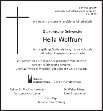 Traueranzeige von Hella Wolfrum von Ansbach