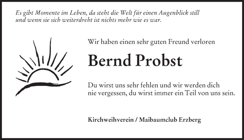  Traueranzeige für Bernd Probst vom 12.05.2016 aus Rothenburg