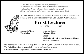 Traueranzeige von Ernst Lechner von Neustadt/ Scheinfeld/ Uffenheim