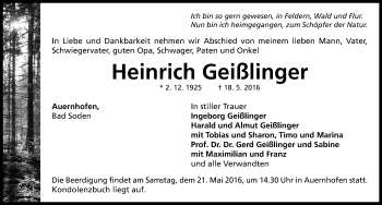 Traueranzeige von Heinrich Geißlinger von Neustadt/ Scheinfeld/ Uffenheim