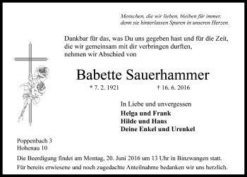 Traueranzeige von Babette Sauerhammer von Rothenburg