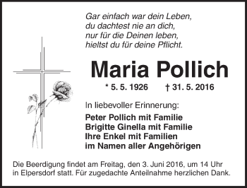 Traueranzeige von Maria Pollich von Ansbach