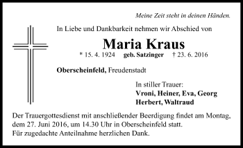 Traueranzeige von Maria Kraus von Neustadt/ Scheinfeld/ Uffenheim
