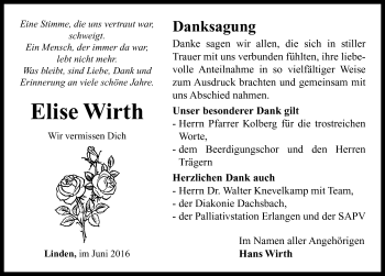 Traueranzeige von Elise Wirth von Neustadt/ Scheinfeld/ Uffenheim