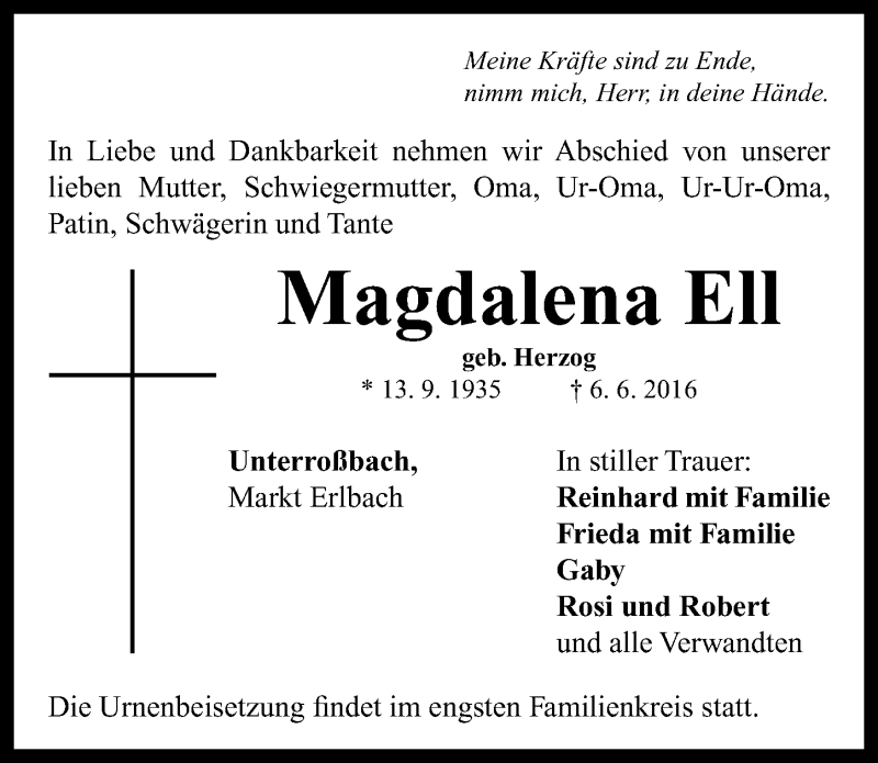  Traueranzeige für Magdalena Ell vom 08.06.2016 aus Neustadt/ Scheinfeld/ Uffenheim