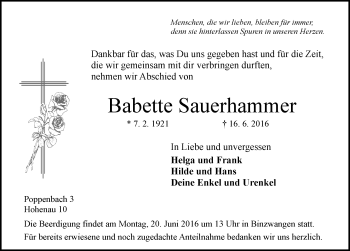 Traueranzeige von Babette Sauerhammer von Ansbach