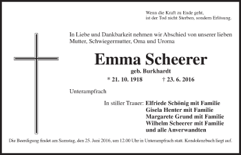 Traueranzeige von Emma Scheerer von Dinkelsbühl/ Feuchtwangen