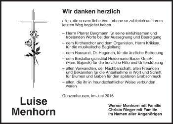 Traueranzeige von Luise Menhorn von Ansbach