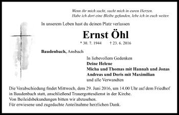 Traueranzeige von Ernst Öhl von Neustadt/ Scheinfeld/ Uffenheim