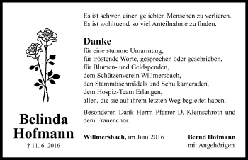 Traueranzeige von Belinda Hofmann von Neustadt/ Scheinfeld/ Uffenheim