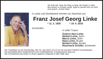 Traueranzeige von Franz Josef Georg Linke von Dinkelsbühl/ Feuchtwangen