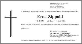 Traueranzeige von Erna Zippold von Ansbach