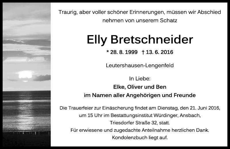  Traueranzeige für Elly Bretschneider vom 18.06.2016 aus Ansbach