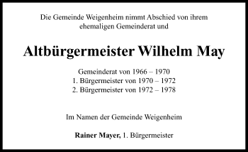 Traueranzeige von Wilhelm May von Neustadt/ Scheinfeld/ Uffenheim