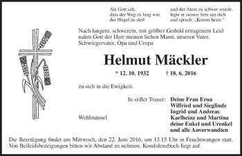 Traueranzeige von Helmut Mäckler von Dinkelsbühl/ Feuchtwangen