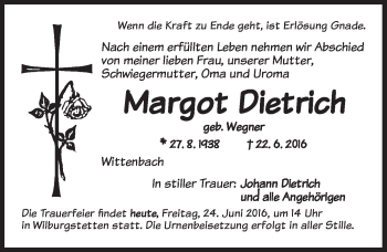 Traueranzeige von Margot Dietrich von Dinkelsbühl/ Feuchtwangen