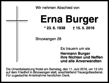 Traueranzeige von Erna Burger von Rothenburg