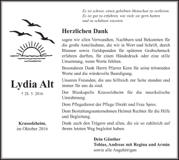 Traueranzeige von Lydia Alt von Neustadt/ Scheinfeld/ Uffenheim