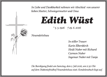 Traueranzeige von Edith Wüst von Ansbach