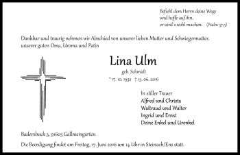 Traueranzeige von Lina Ulm von Rothenburg