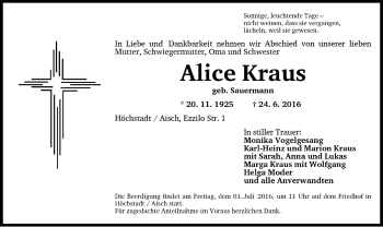 Traueranzeige von Alice Kraus von Neustadt/ Scheinfeld/ Uffenheim