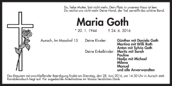 Traueranzeige von Maria Goth von Ansbach