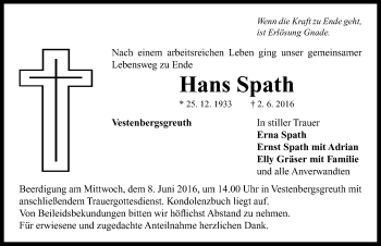 Traueranzeige von Hans Spath von Neustadt/ Scheinfeld/ Uffenheim