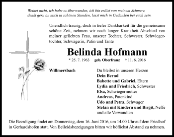 Traueranzeige von Belinda Hofmann von Neustadt/ Scheinfeld/ Uffenheim