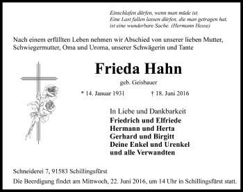 Traueranzeige von Frieda Hahn von Rothenburg