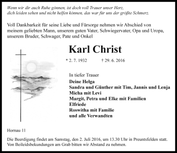 Traueranzeige von Karl Christ von Rothenburg