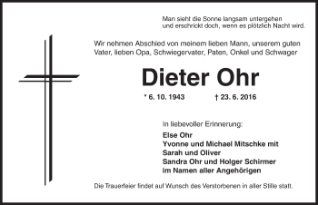 Traueranzeige von Dieter Ohr von Ansbach
