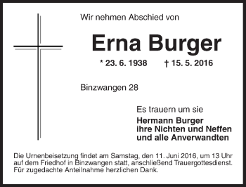 Traueranzeige von Erna Burger von Ansbach