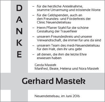 Traueranzeige von Gerhard Mastek von Ansbach