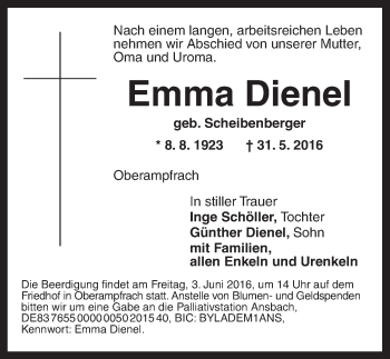 Traueranzeige von Emma Dienel von Dinkelsbühl/ Feuchtwangen