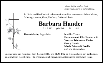 Traueranzeige von Barbara Hander von Neustadt/ Scheinfeld/ Uffenheim