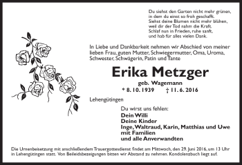 Traueranzeige von Erika Metzger von Dinkelsbühl/ Feuchtwangen