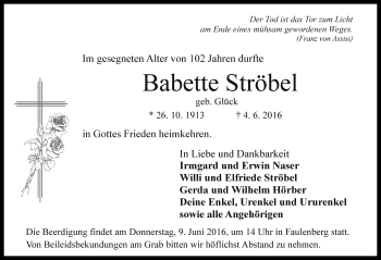 Traueranzeige von Babetta Ströbel von Rothenburg