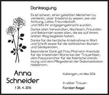 Traueranzeige von Anna Schneider von Ansbach