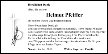 Traueranzeige von Helmut Pfeiffer von Fränkische Landeszeitung