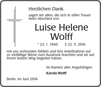 Traueranzeige von Luise Helene Wolff von Dinkelsbühl/ Feuchtwangen