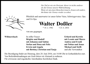 Traueranzeige von Walter Doßler von Neustadt/ Scheinfeld/ Uffenheim