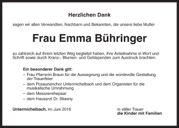 Traueranzeige von Emma Bühringer von Dinkelsbühl/ Feuchtwangen