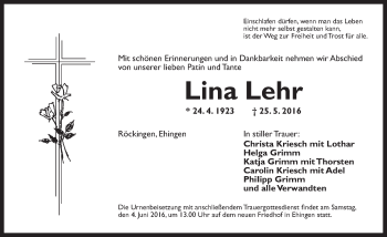 Traueranzeige von Lina Lehr von Dinkelsbühl/ Feuchtwangen