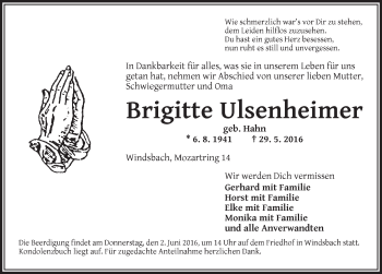 Traueranzeige von Brigitte Ulsenheimer von Ansbach