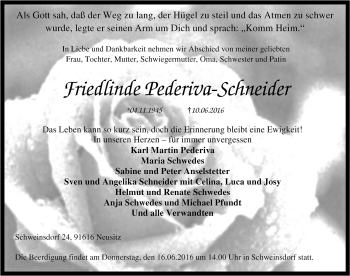 Traueranzeige von Friedlinde Pederiva-Schneider von Rothenburg