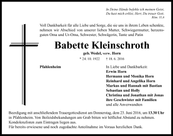 Traueranzeige von Babette Kleinschroth von Neustadt/ Scheinfeld/ Uffenheim