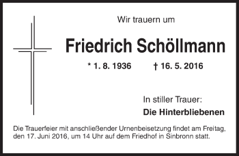 Traueranzeige von Friedrich Schöllmann von Dinkelsbühl/ Feuchtwangen