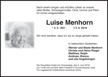 Traueranzeige von Luise Menhorn von Ansbach