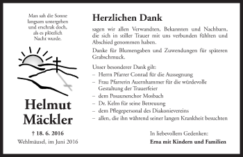 Traueranzeige von Helmut Mäckler von Dinkelsbühl/ Feuchtwangen