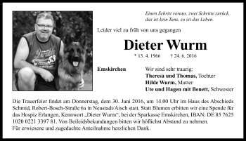 Traueranzeige von Dieter Wurm von Neustadt/ Scheinfeld/ Uffenheim